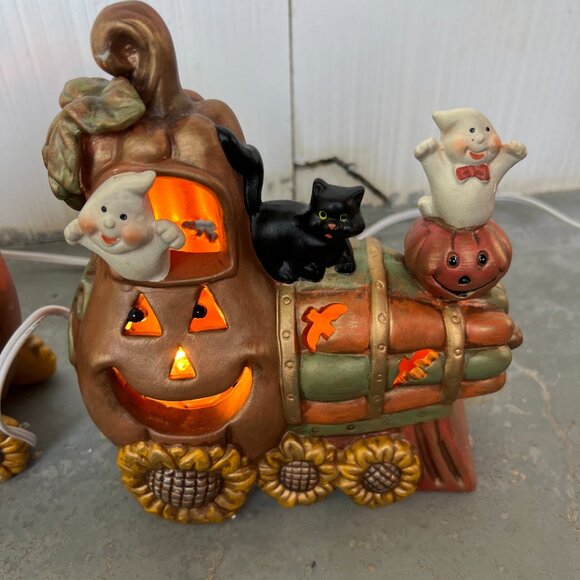 vintage Halloween light up train ghosts, cats, pumpkins sunflowers 3 piece set - Picture 3 of 16